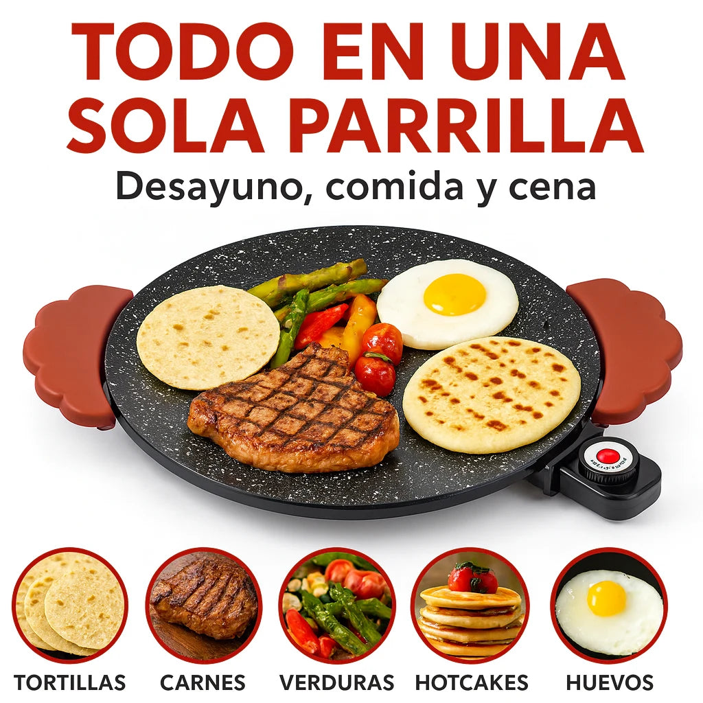 Todo en una sola parrilla: tortillas, carnes, verduras, hotcakes y huevos