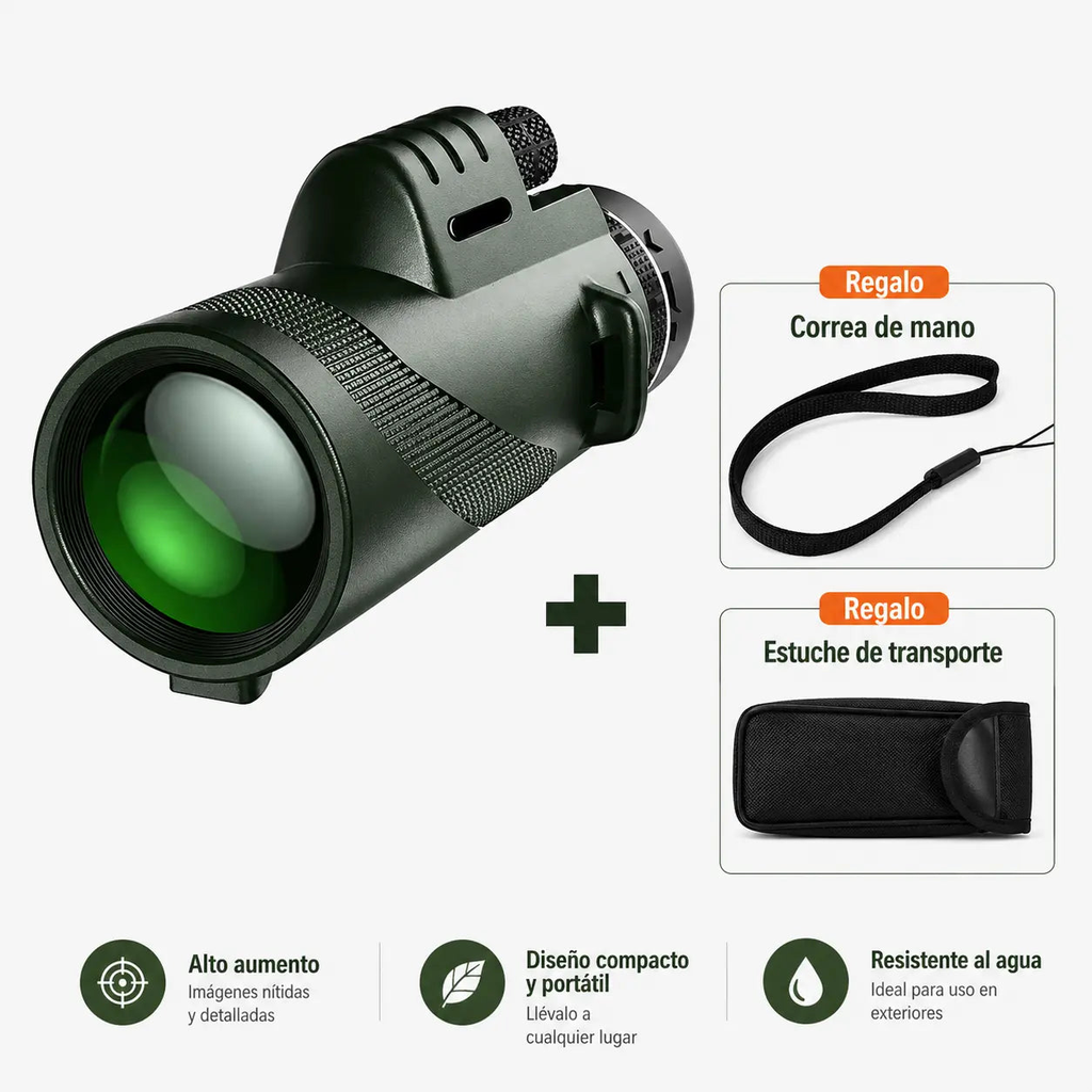 Monocular HD Ultra Zoom con Trípode + Linterna Táctica Multifuncional Titanium™