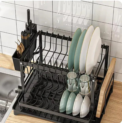 ESCURRIDOR DE PLATOS DE 2 NIVELES CON DRENAJE + AFILADOR DE CUCHILLOS DE REGALO
