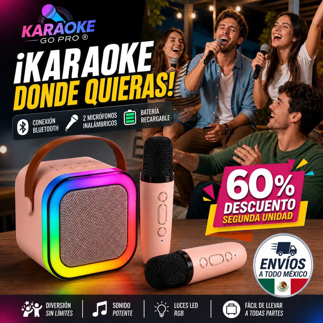 KARAOKE GO PRO® PARLANTE PORTÁTIL CON 2 MICRÓFONOS INALÁMBRICOS ¡Karaoke donde quieras!