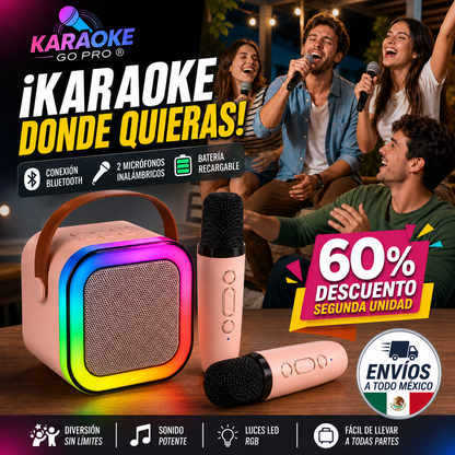 KARAOKE GO PRO® PARLANTE PORTÁTIL CON 2 MICRÓFONOS INALÁMBRICOS ¡Karaoke donde quieras!