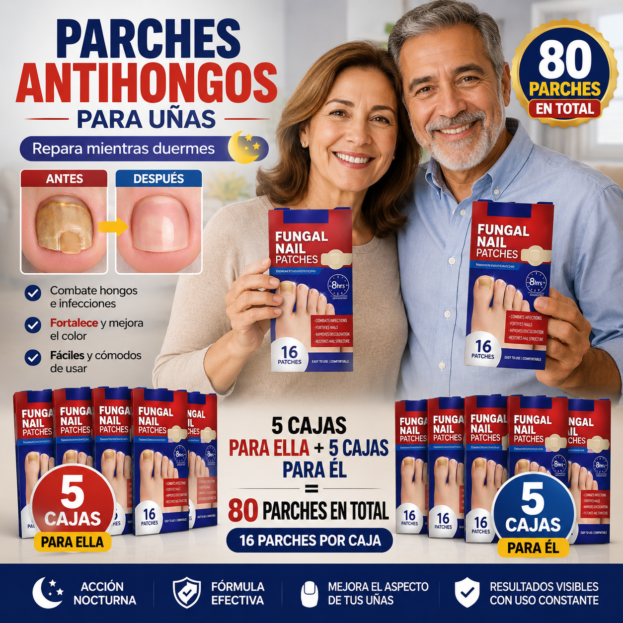 PACK AHORRO 5x1 – 80 Parches Antihongos para Uñas Fungal Nail™ - Recupera unas uñas limpias y saludables