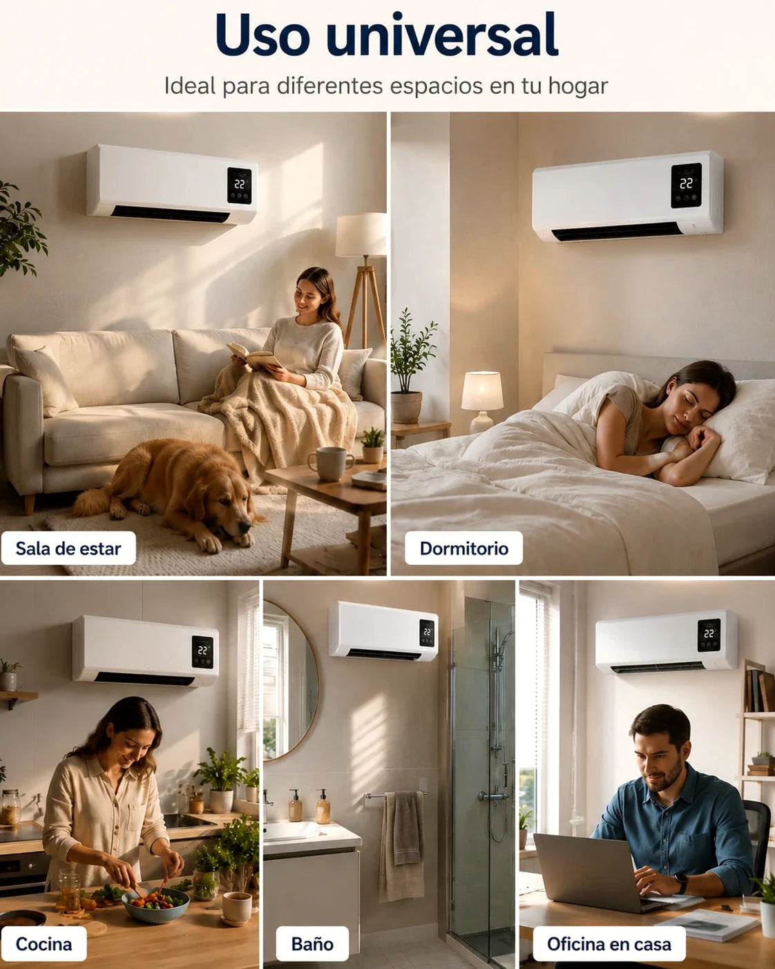 Climatizador en sala, recámara, cocina, baño y oficina
