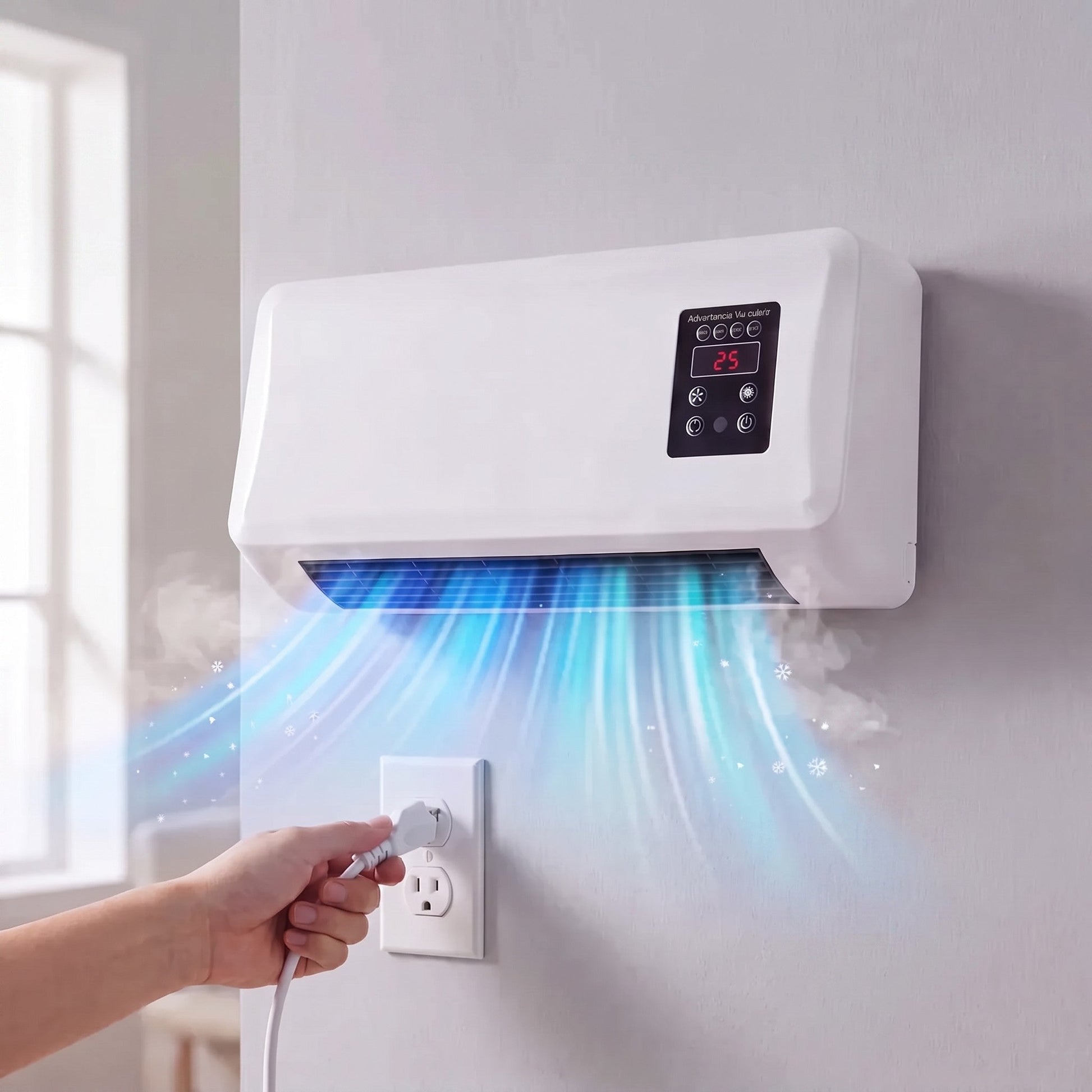 Unidad Frostly montada en la pared conectada a una toma de corriente estándar