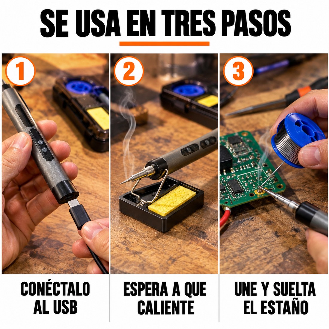 Se usa en tres pasos: conéctalo al USB, espera a que caliente, une y suelta el estaño