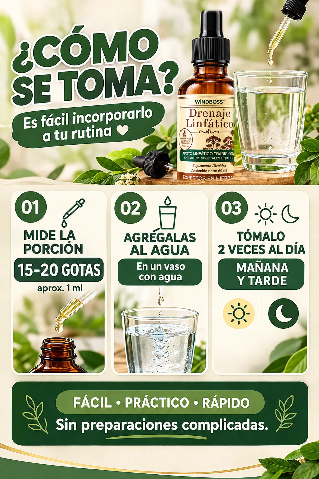 ¿Cómo se toma? Mide 15 a 20 gotas, agrégalas al agua y tómalo 2 veces al día, mañana y tarde